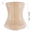A beige lace body shaper waist trainer corset shown from the front.