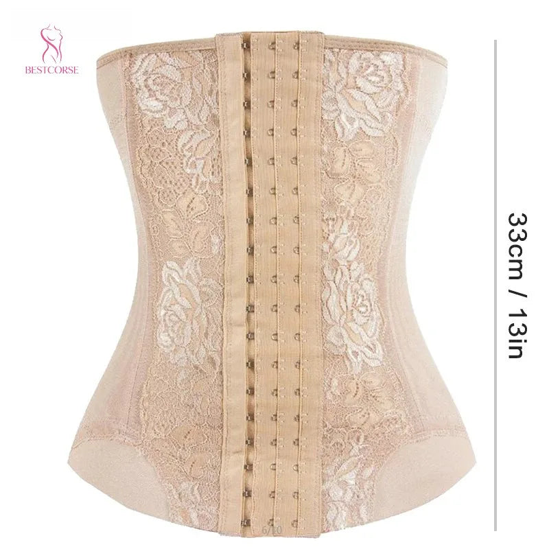 A beige lace body shaper waist trainer corset shown from the front.