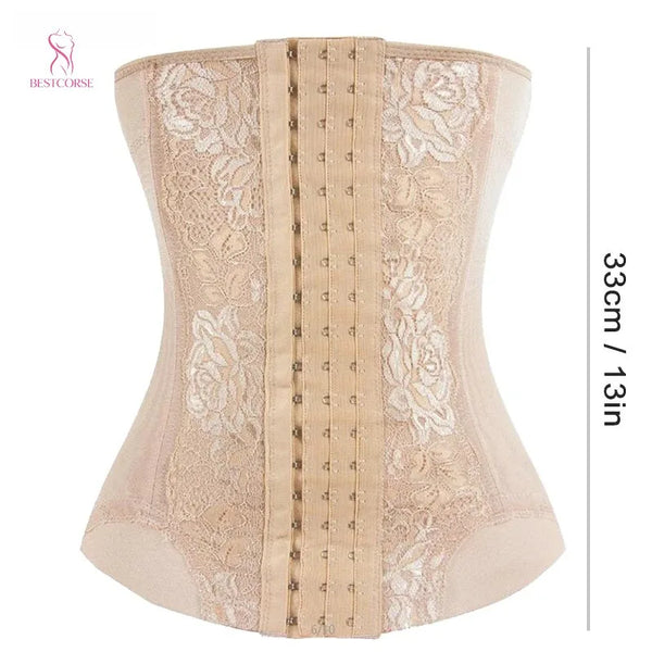 A beige lace body shaper waist trainer corset shown from the front.