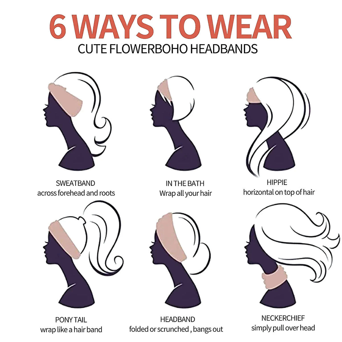 Six ways to wear cute flower boho headbands showing different hairstyles and usage contexts
