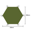 A hexagonal green camping ground mat with measuring lines showing 325mm width and 290mm height.