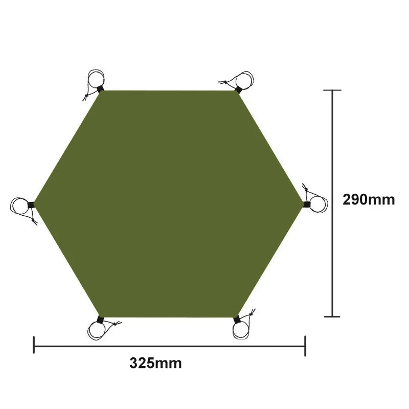 A hexagonal green camping ground mat with measuring lines showing 325mm width and 290mm height.