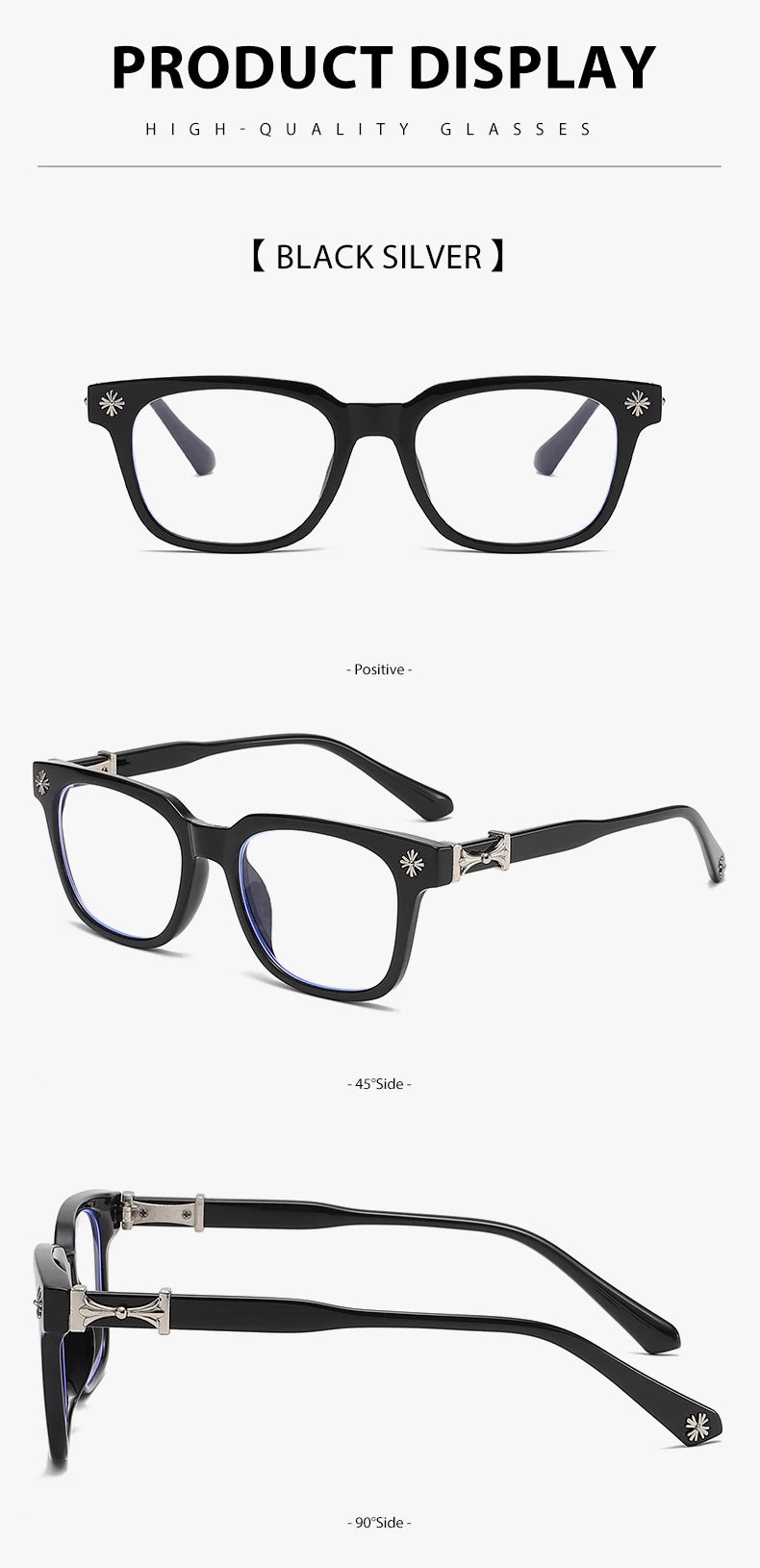 Black silver framed glasses shown in various angles including front, side, and 90 degree view.