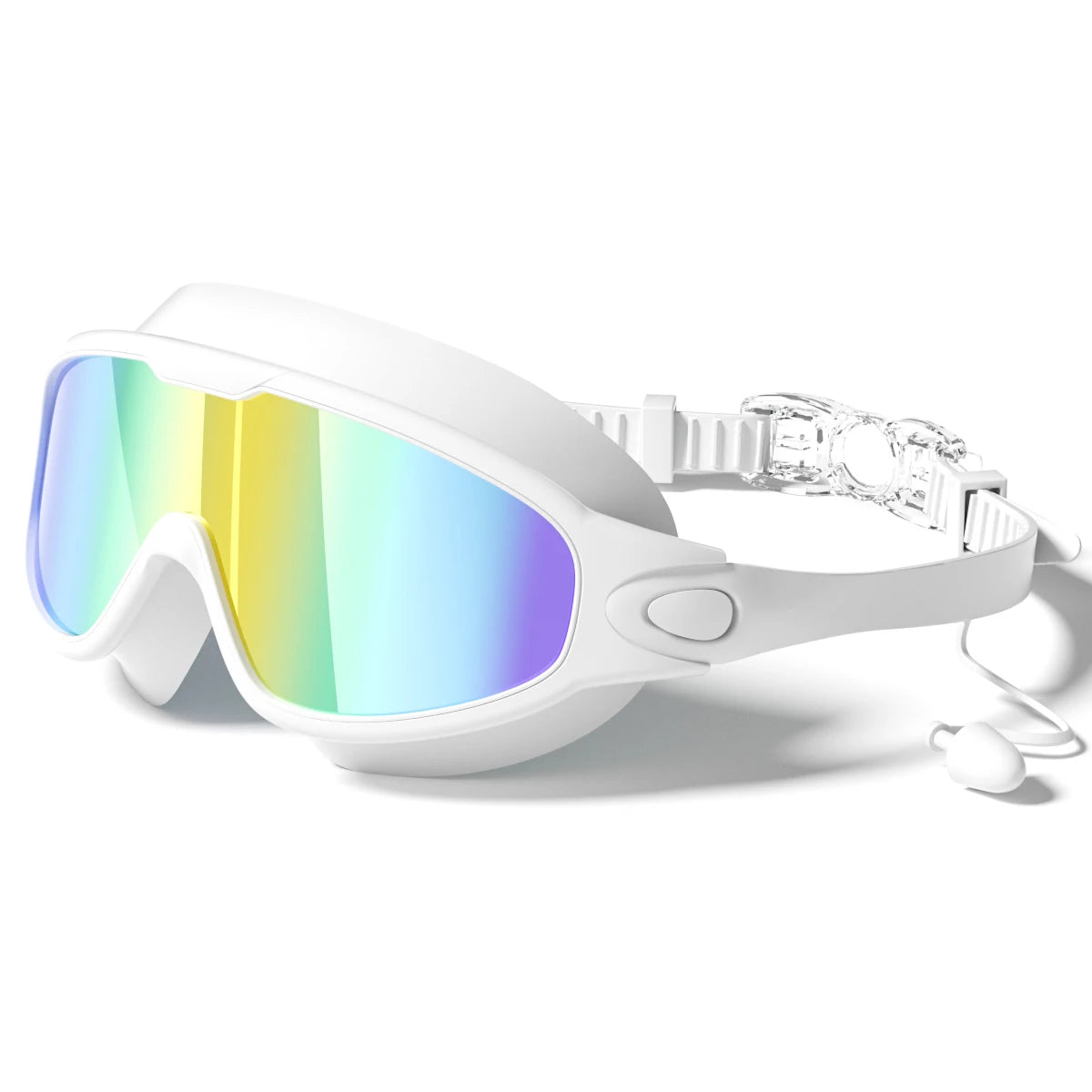 White anti-fog UV protection swimming goggles with multi-colored lenses and a strap