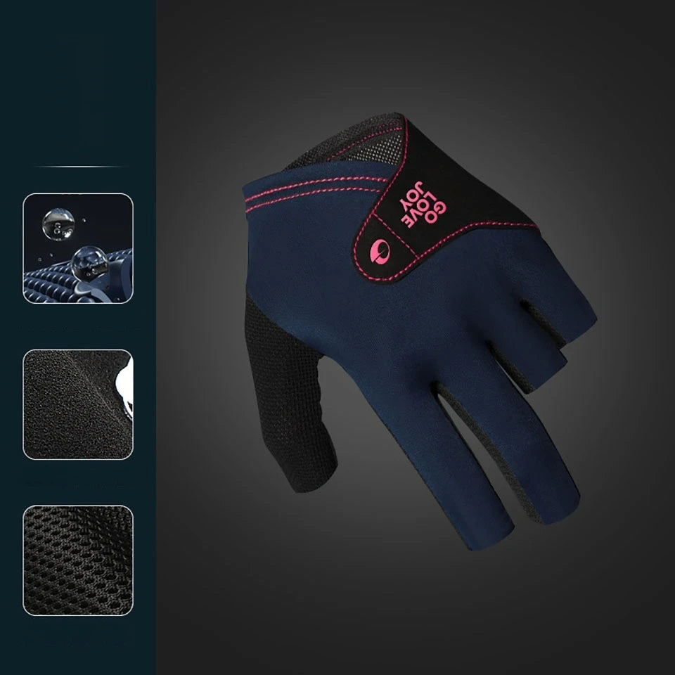 A dark blue and black 3-finger snooker pool glove shown against a dark background.