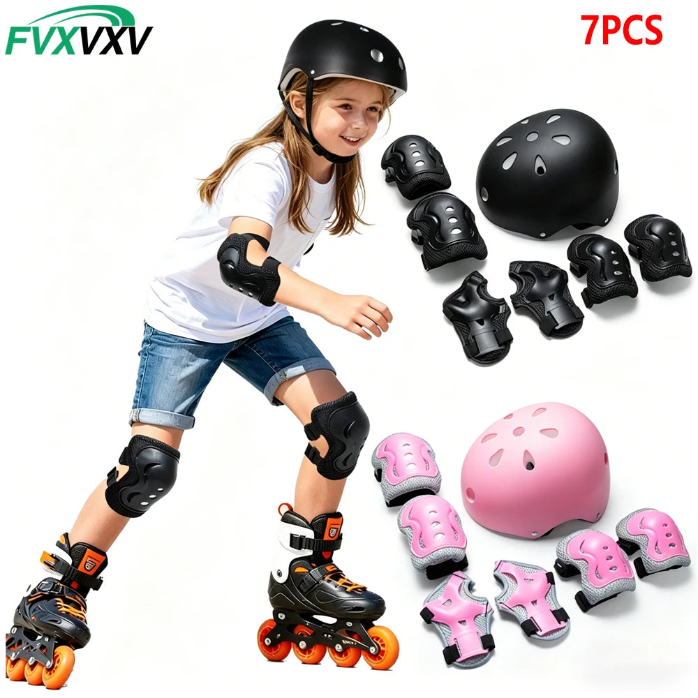 A set of 7 pieces of black and pink protective gear including helmets, knee pads, and ankle guards for kids' skates and scoot