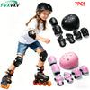 A set of 7 pieces of black and pink protective gear including helmets, knee pads, and ankle guards for kids' skates and scoot