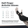 A hand wearing black compression fingerless arthritis gloves, demonstrating the sizing guide.