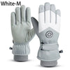 A pair of white-M waterproof touchscreen ski gloves shown against a white background.