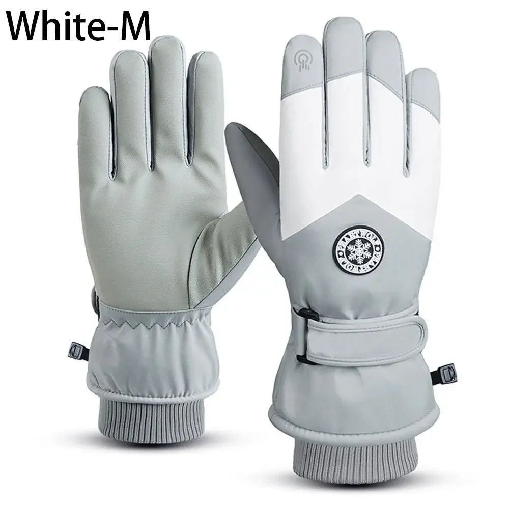 A pair of white-M waterproof touchscreen ski gloves shown against a white background.