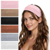 A woman wearing a pink soft cotton knitted headband, shown alongside various neutral colored headbands.