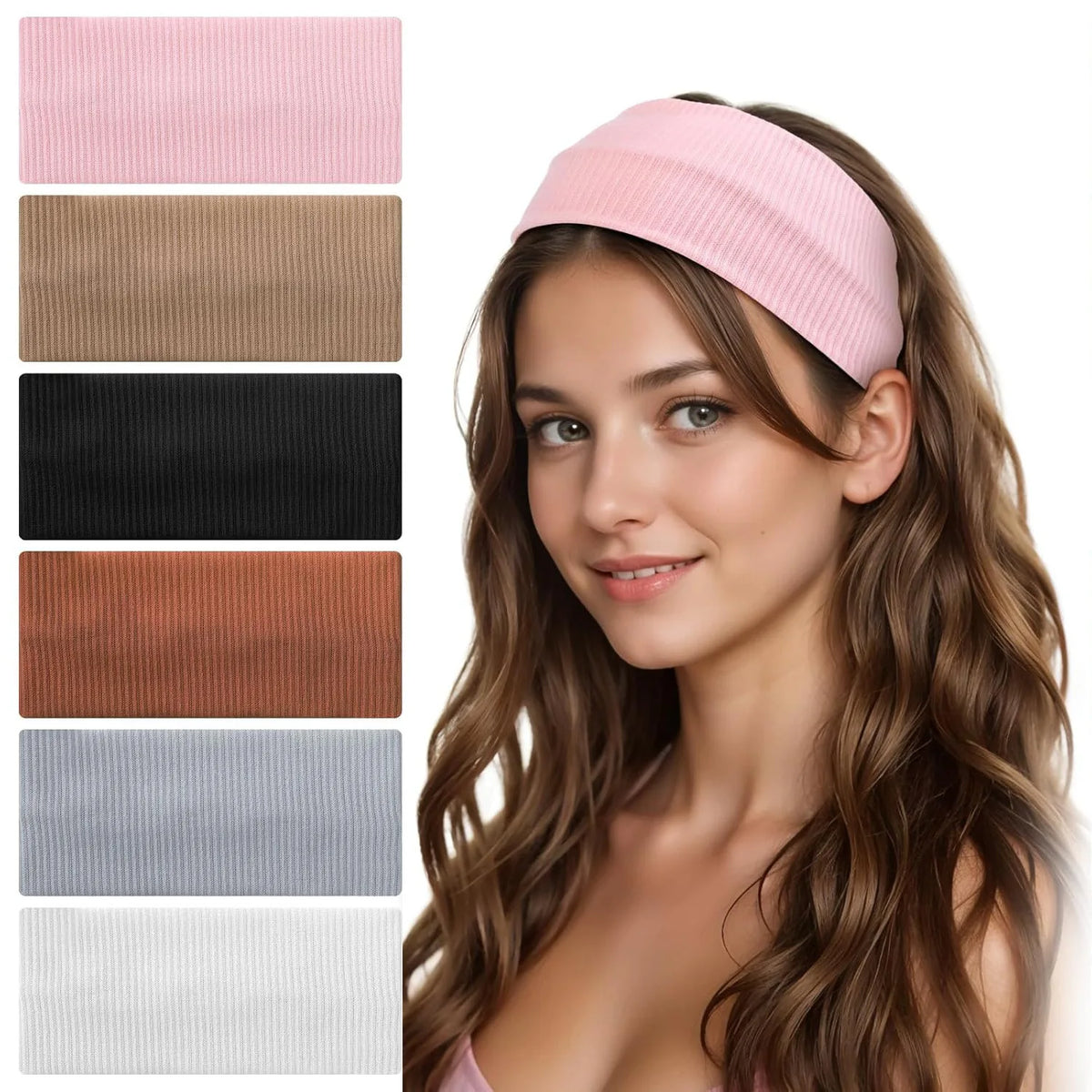 A woman wearing a pink soft cotton knitted headband, shown alongside various neutral colored headbands.