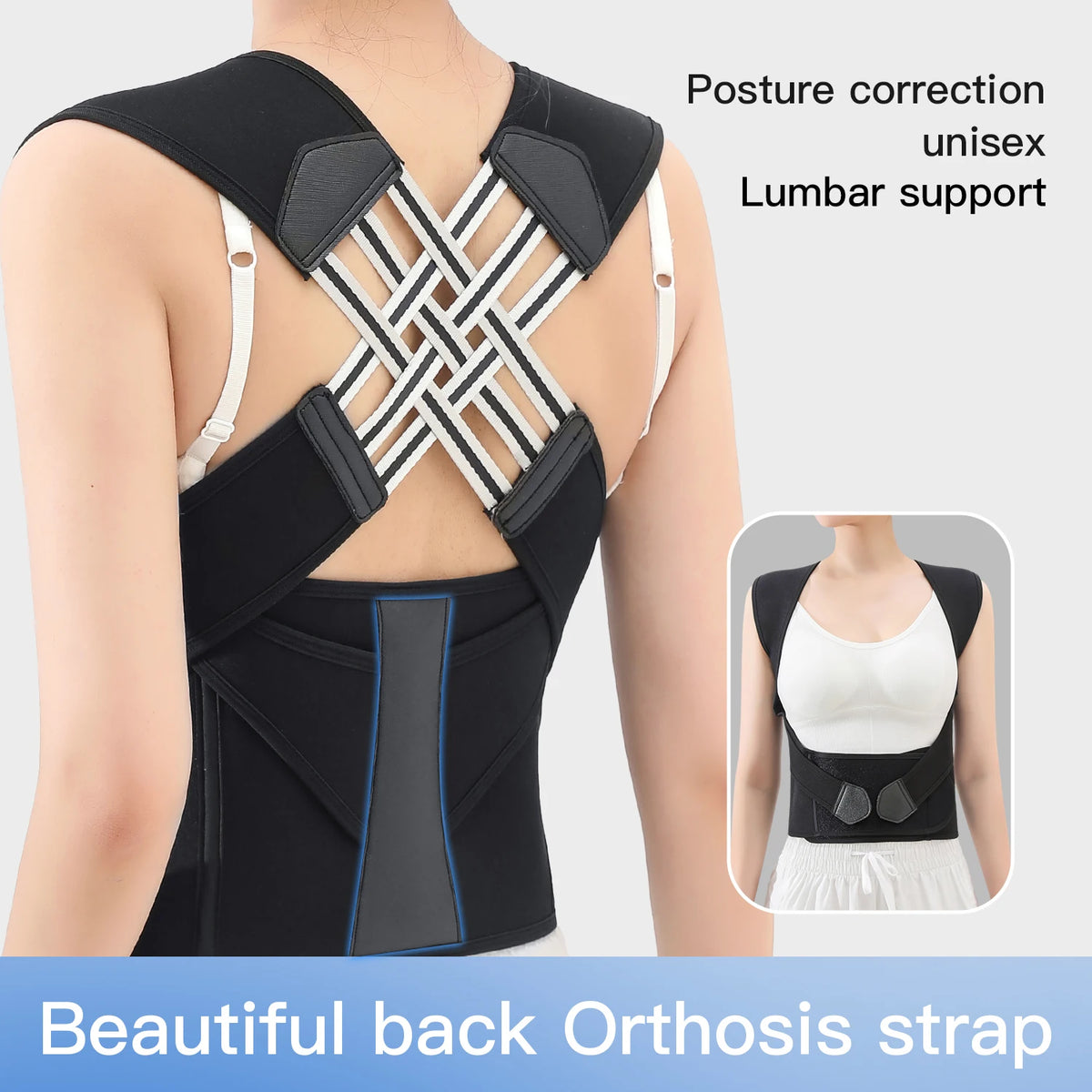 Black posture correction unisex lumbar support orthosis strap worn on the back.