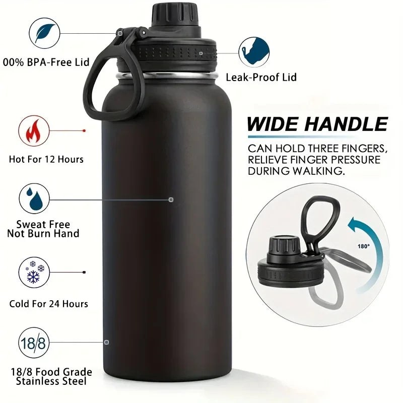 A dark brown insulated stainless steel vacuum water bottle with a wide handle, showing features like leak-proof lid and tempe