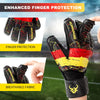 Primer plano de guantes de portero negros y rojos mostrando protección de los dedos y detalles de tela transpirable.