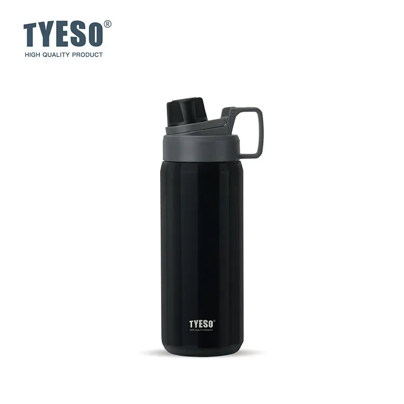 A black insulated stainless steel water bottle with a black cap and a silver-colored carrying loop.