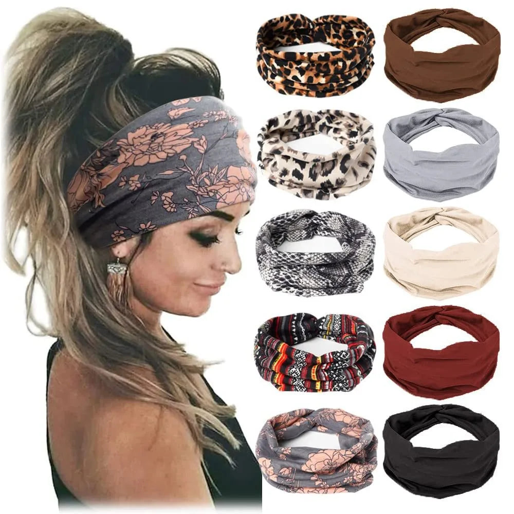 Colección de diademas de tela estampadas para fitness y yoga, incluyendo diseños de leopardo, floral y rayas