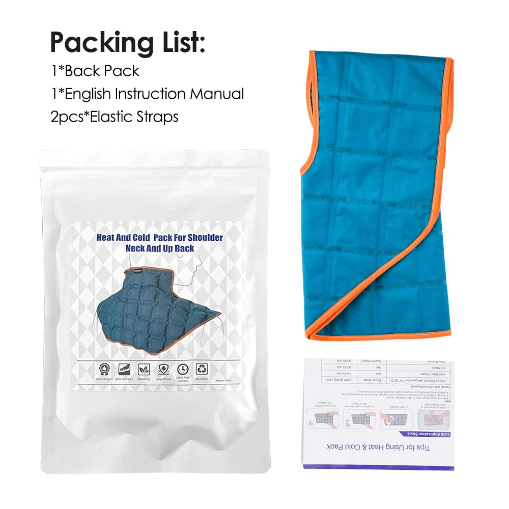 Bolsa blanca con paquete de calor y frío azul para hombro, cuello y parte superior de la espalda, junto con instrucciones y b