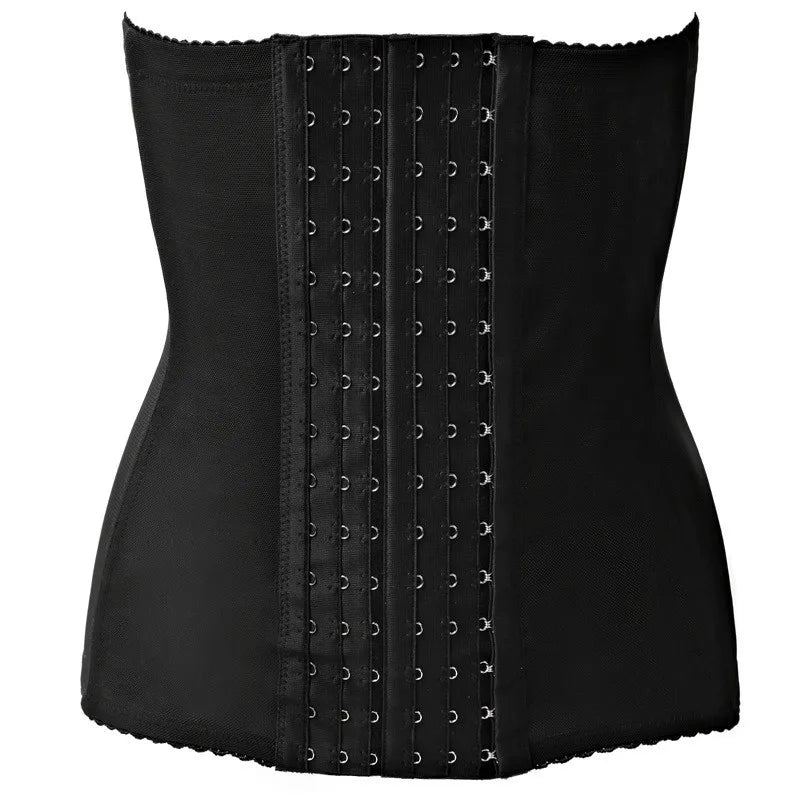 Black men's slimming corset waist trainer belt with vertical stitching.