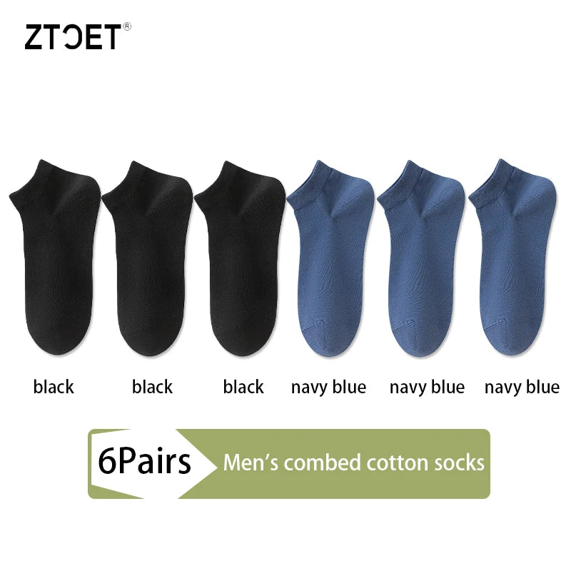 A set of six pairs of men's combed cotton socks in black and navy blue colors.