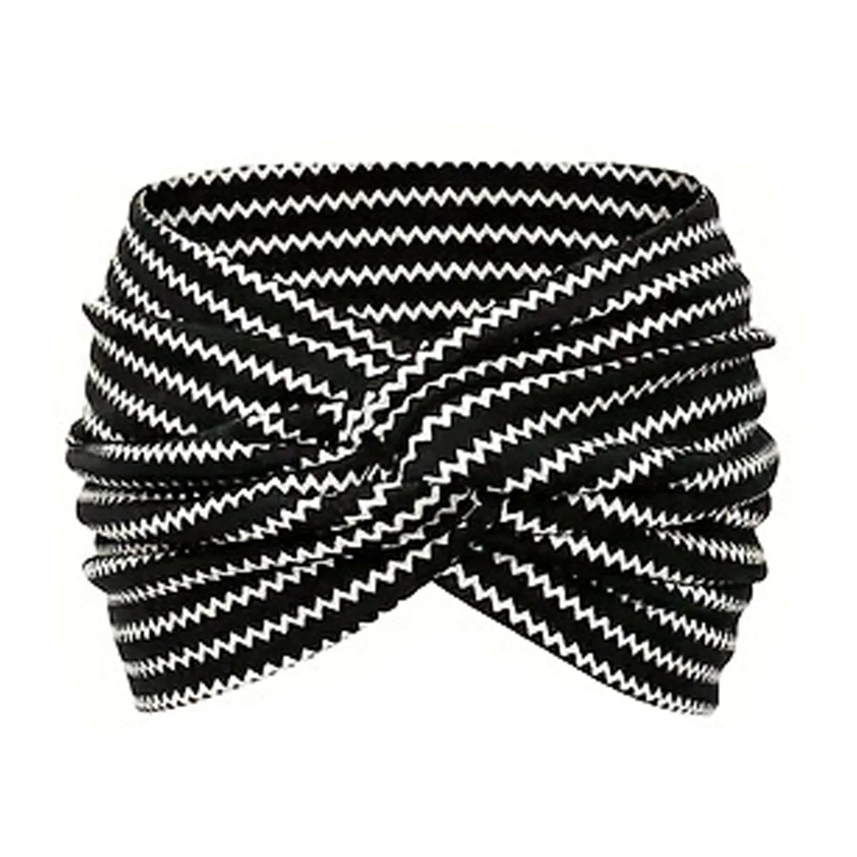 A black and white striped fabric headband twisted into a decorative bow shape.