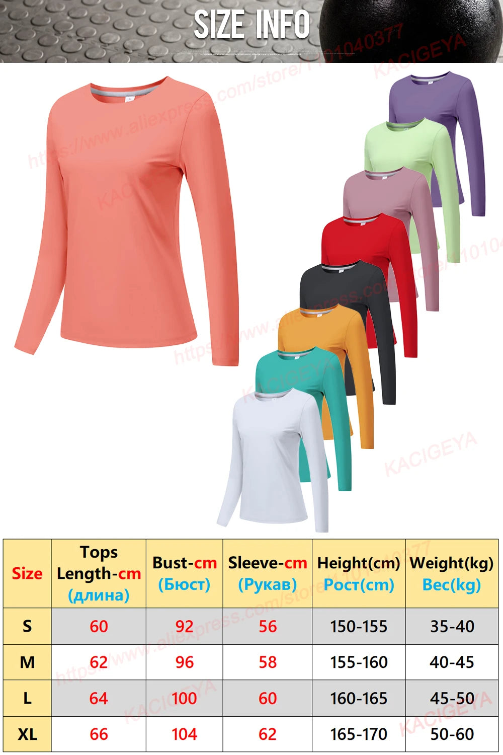 Colección de tops de yoga y running de manga larga para mujer en varios colores y tallas.