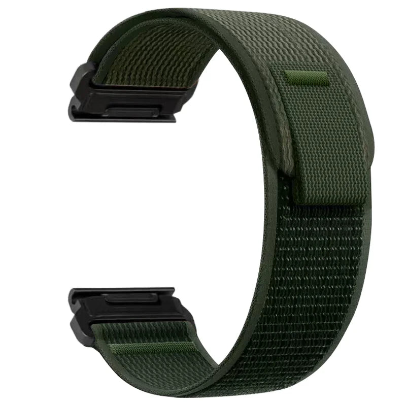 A dark green adjustable nylon strap for a sports watch.