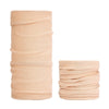 A stack of beige seamless fabric headbands and balaclavas.