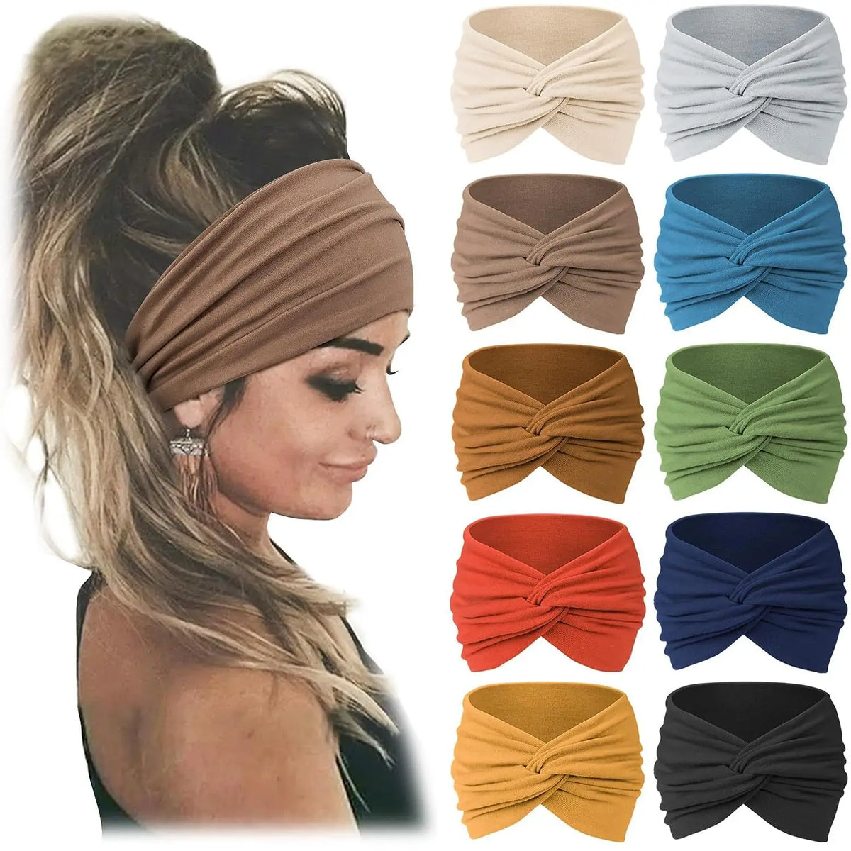 Colección de diademas de tela en varios colores, incluyendo beige, gris, azul, verde y naranja, mostradas dobladas.