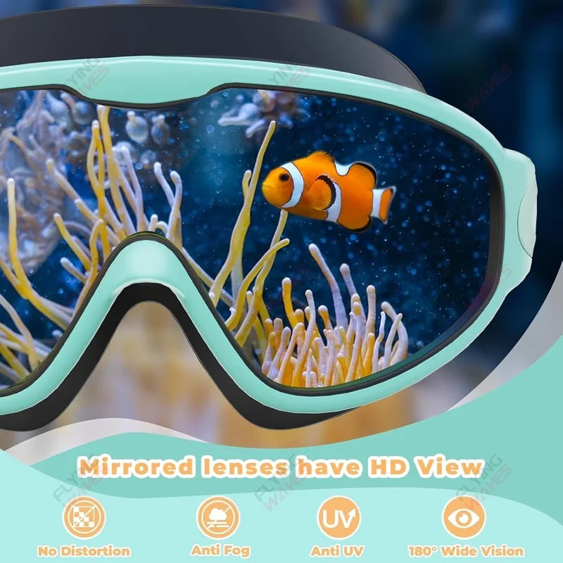 A pair of teal swim goggles with mirrored lenses showing an underwater view of coral and a fish.