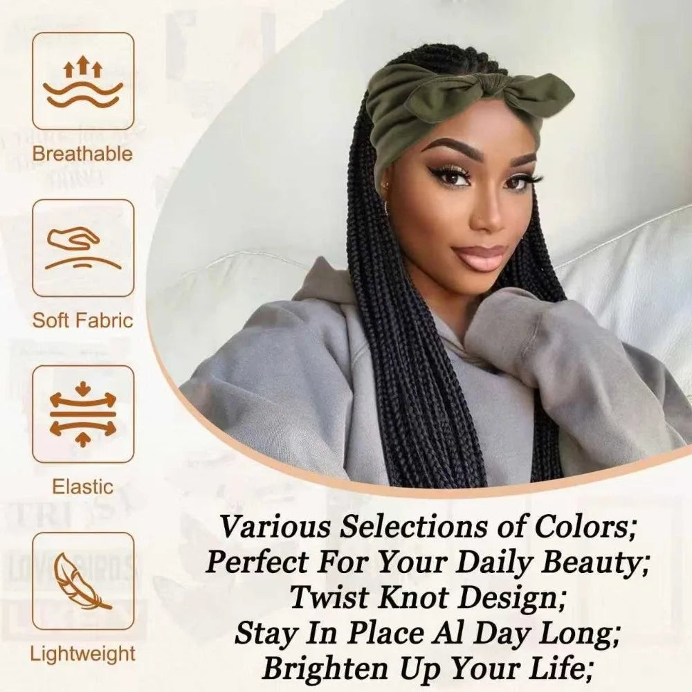 A woman models a dark olive green twist knot headband made of soft fabric for daily beauty.