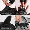 Nahaufnahmen der Merkmale atmungsaktiver Silikon-Radhandschuhe, einschließlich elastischer Mesh, einfache Abnehmfunktion und 