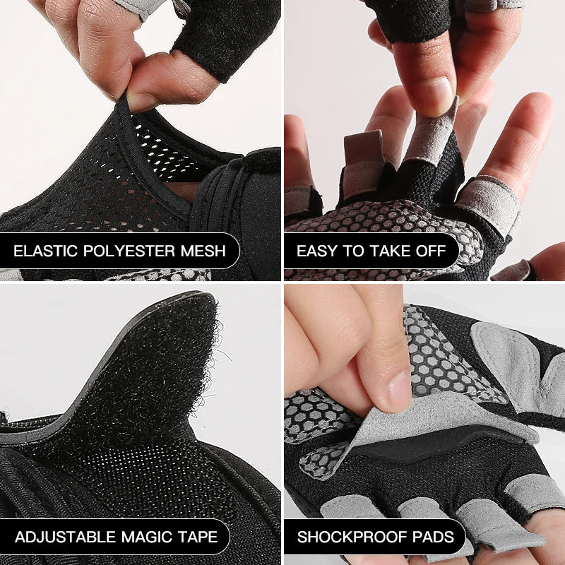Nahaufnahmen der Merkmale atmungsaktiver Silikon-Radhandschuhe, einschließlich elastischer Mesh, einfache Abnehmfunktion und 