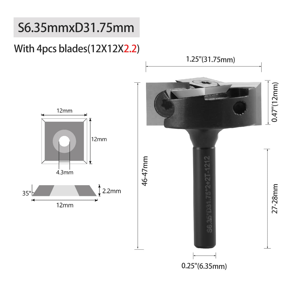 A precision wood milling router bit with a hexagonal shank and four blades, shown in black.