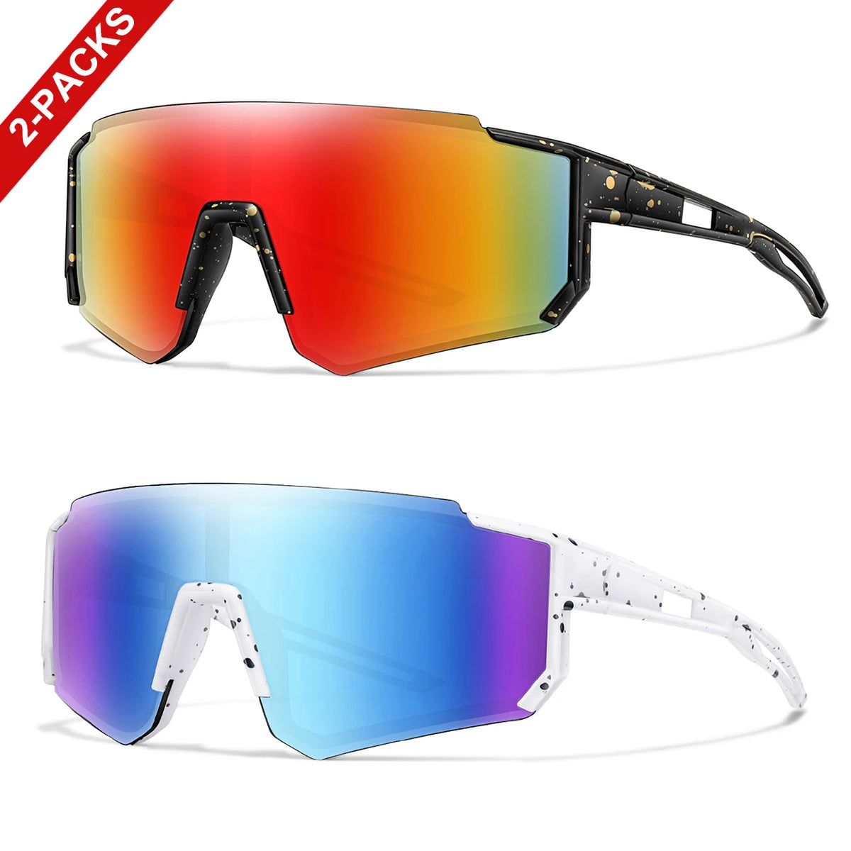A pair of youth UV400 sunglasses with a square frame shown in two colors, orange-red and blue.