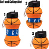 Three views of a soft and collapsible orange and blue silicone sports water bottle with black lids.