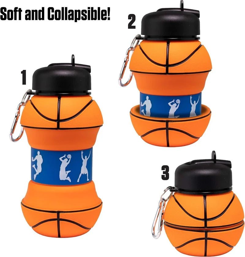 Three views of a soft and collapsible orange and blue silicone sports water bottle with black lids.