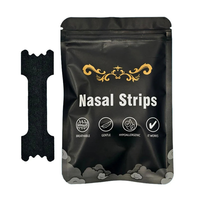 A black pouch of nasal strips with gold lettering, showing features like breathable and hypoallergenic.