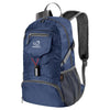 A navy blue ultra-light foldable travel backpack with gray straps and pockets.