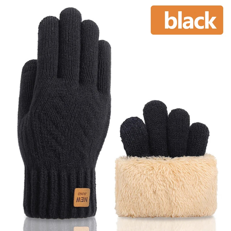 Black women's thermal touchscreen knit gloves with a light beige faux fur cuff