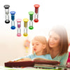 A set of six colorful sand timer hourglasses with different time durations are displayed next to a smiling woman and a child 