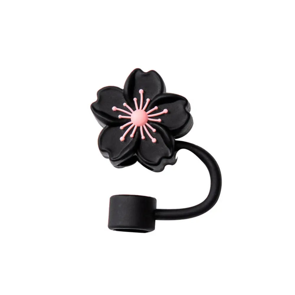 Black silicone butterfly straw cover for tumblers with pink floral details