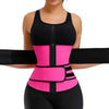 A woman wearing a black body shaper waist trainer fitness belt with pink accents.