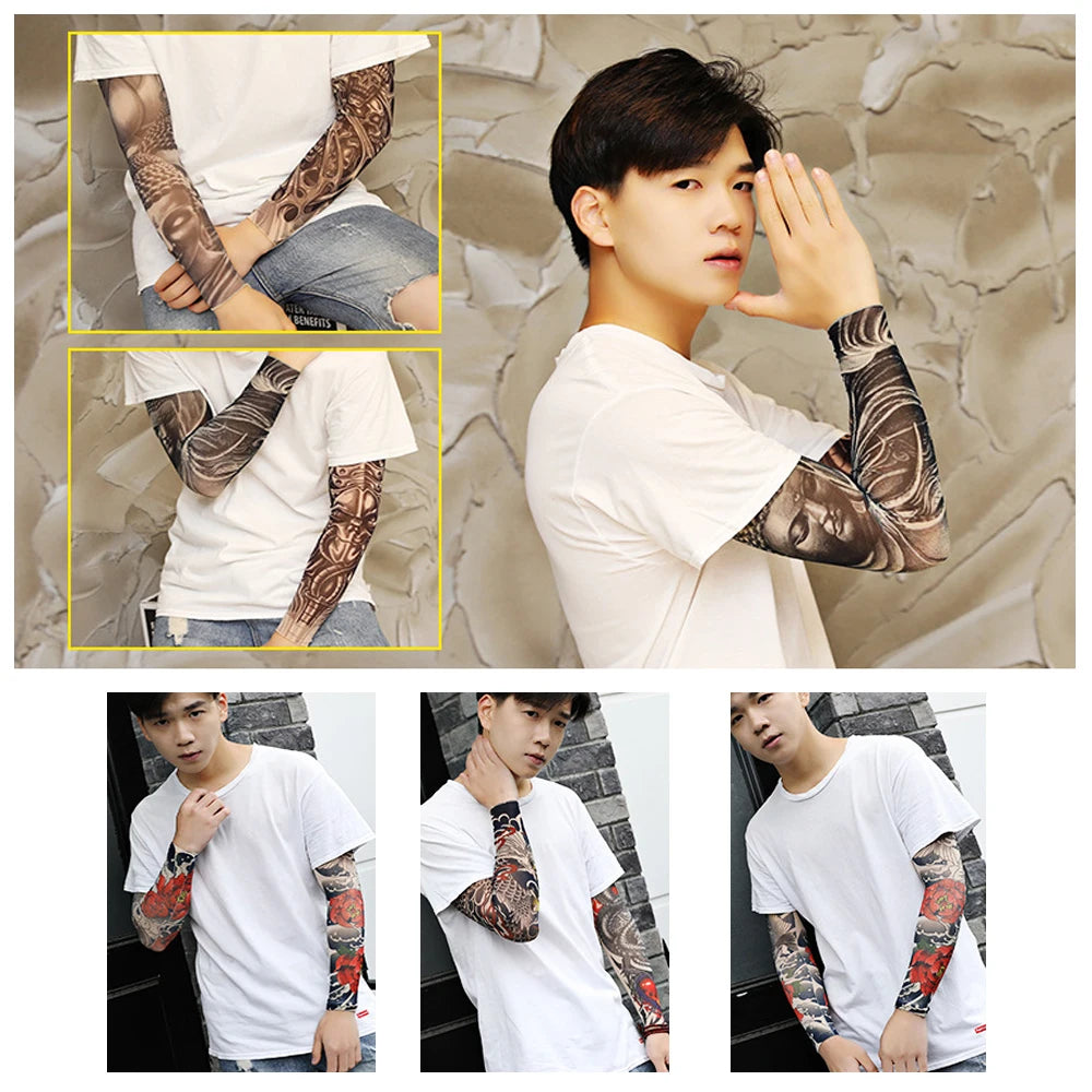 A male model wearing long-sleeved UV protection arm sleeves for summer cooling, shown in various close-up shots.