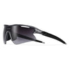 A pair of black sport sunglasses with a clear frame and dark tinted lenses.