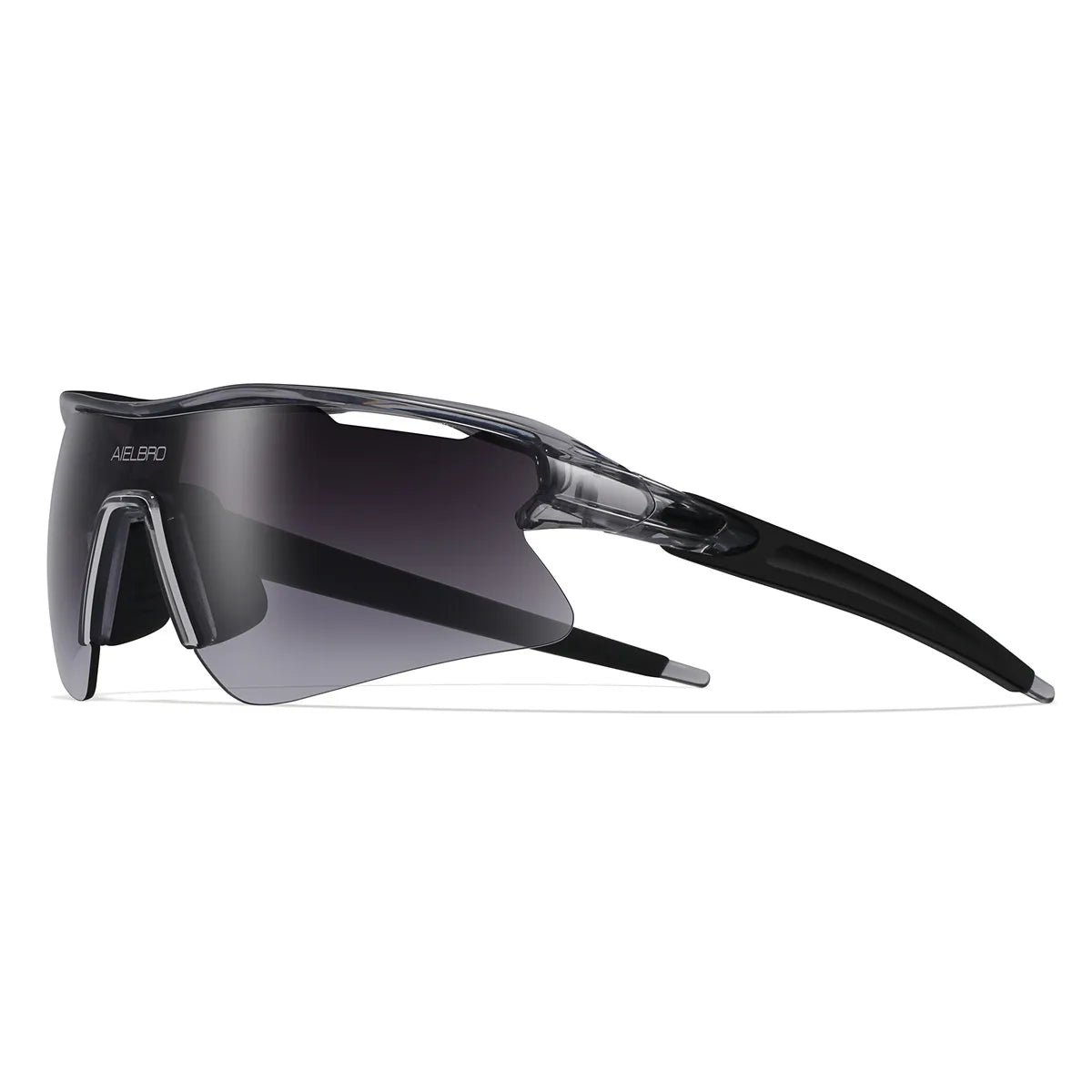 A pair of black sport sunglasses with a clear frame and dark tinted lenses.
