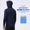 Back view of a navy blue slim fit long sleeve shirt for men with moisture-wicking and airflow features