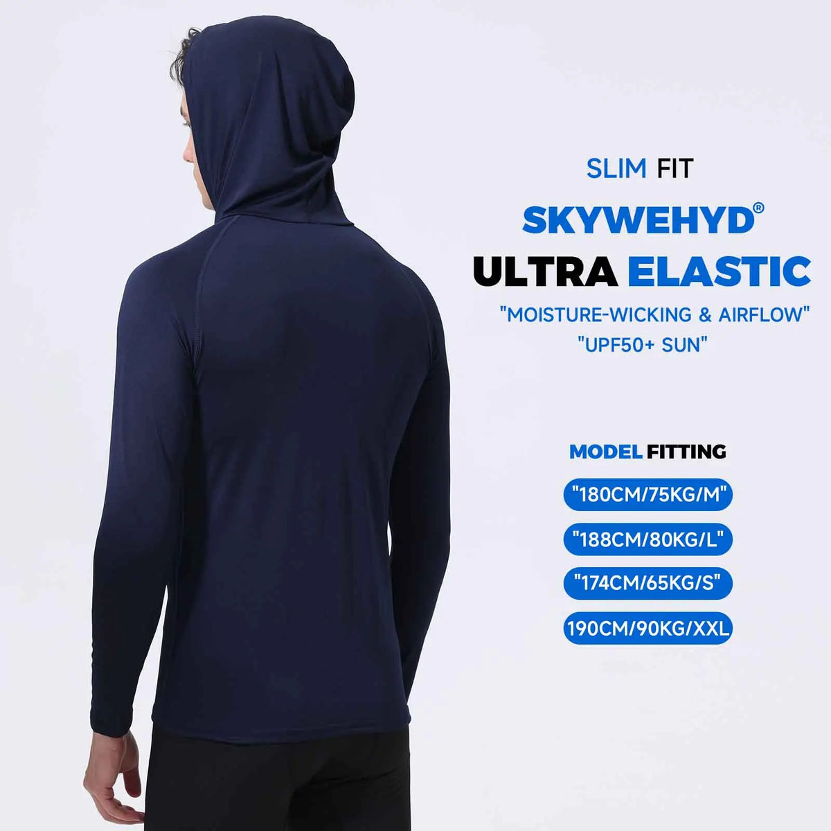 Back view of a navy blue slim fit long sleeve shirt for men with moisture-wicking and airflow features