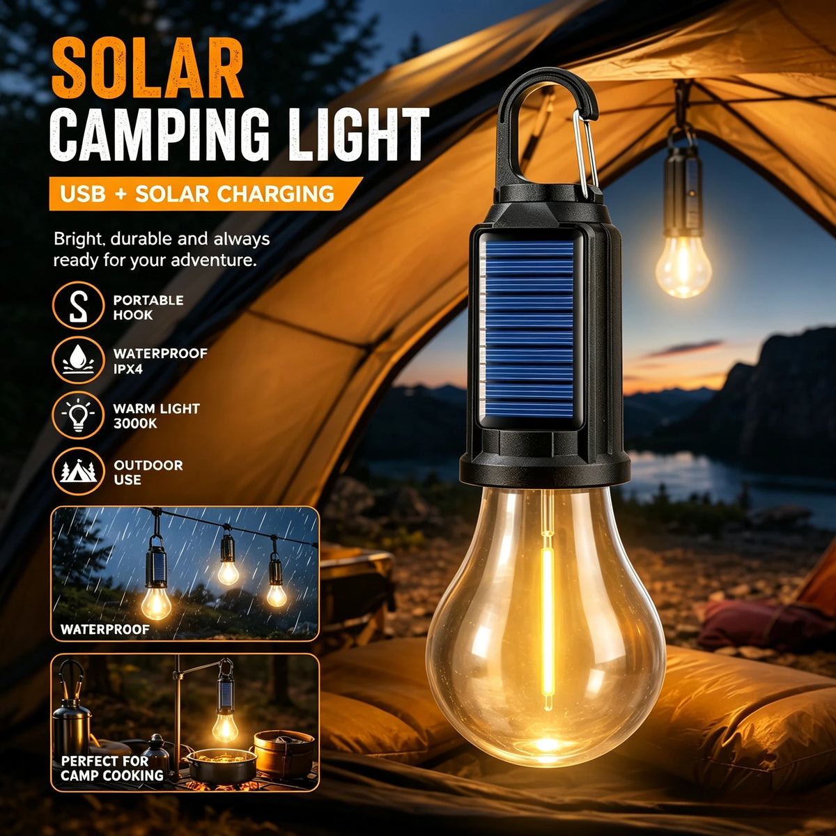 A black solar camping light with a clear bulb is shown inside a tent setting, highlighting its portable hook and outdoor use.