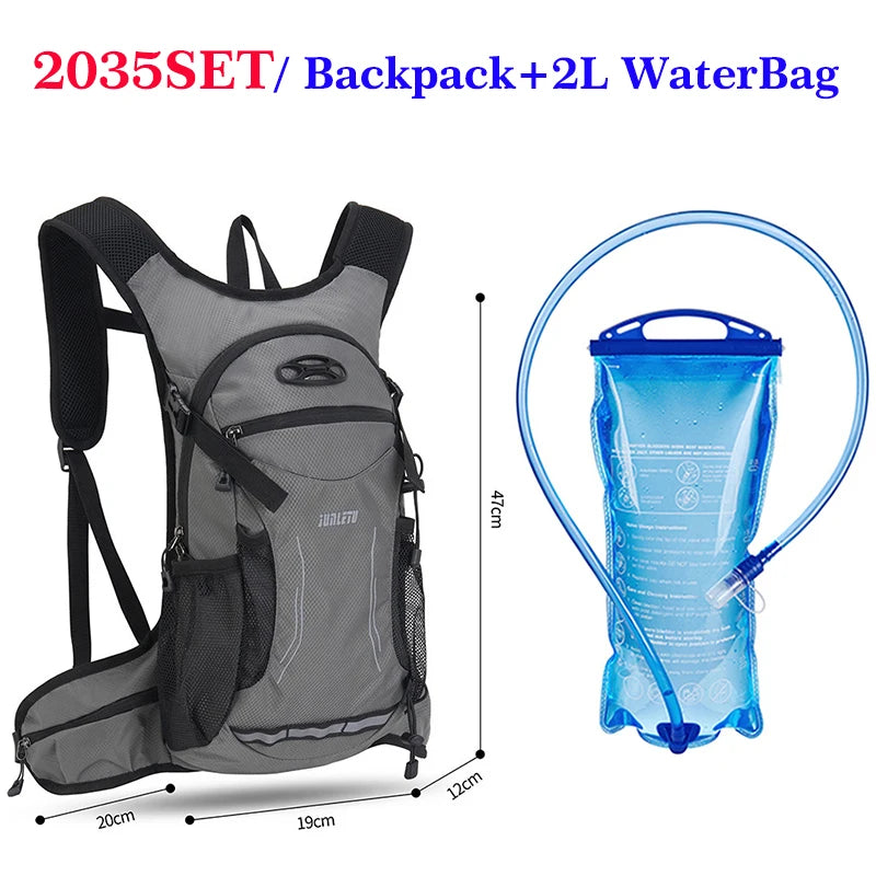 Gray hydration backpack with a 2L water bag and attached flexible hose